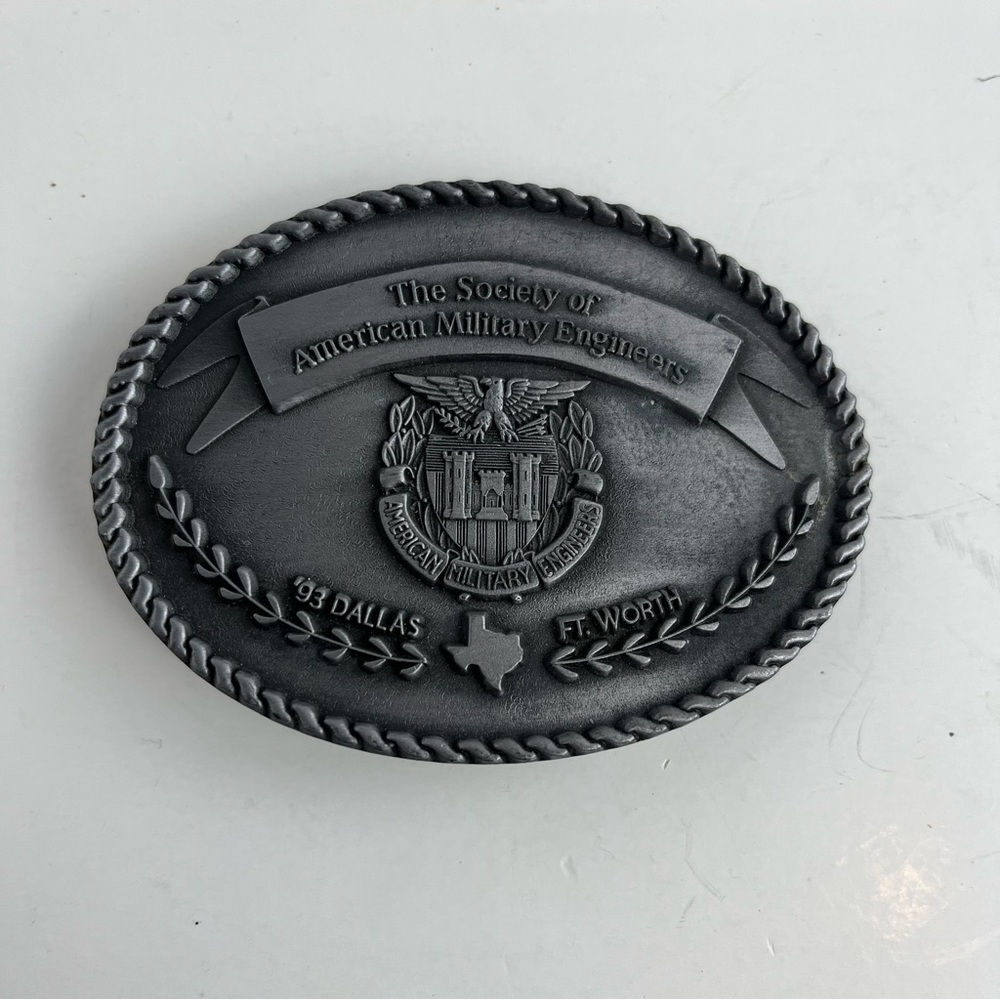 American Military Engineers Pewter Oval Belt Buckle Vintage 1993 Dallas Ft Worth